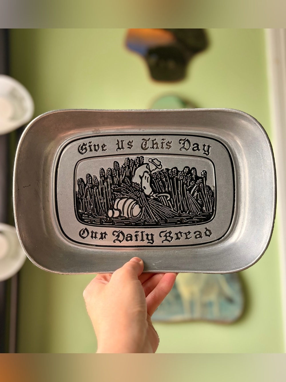Silver-Tone 'Our Daily Bread' Decorative Serving Tray Cottagecore Kitchenware